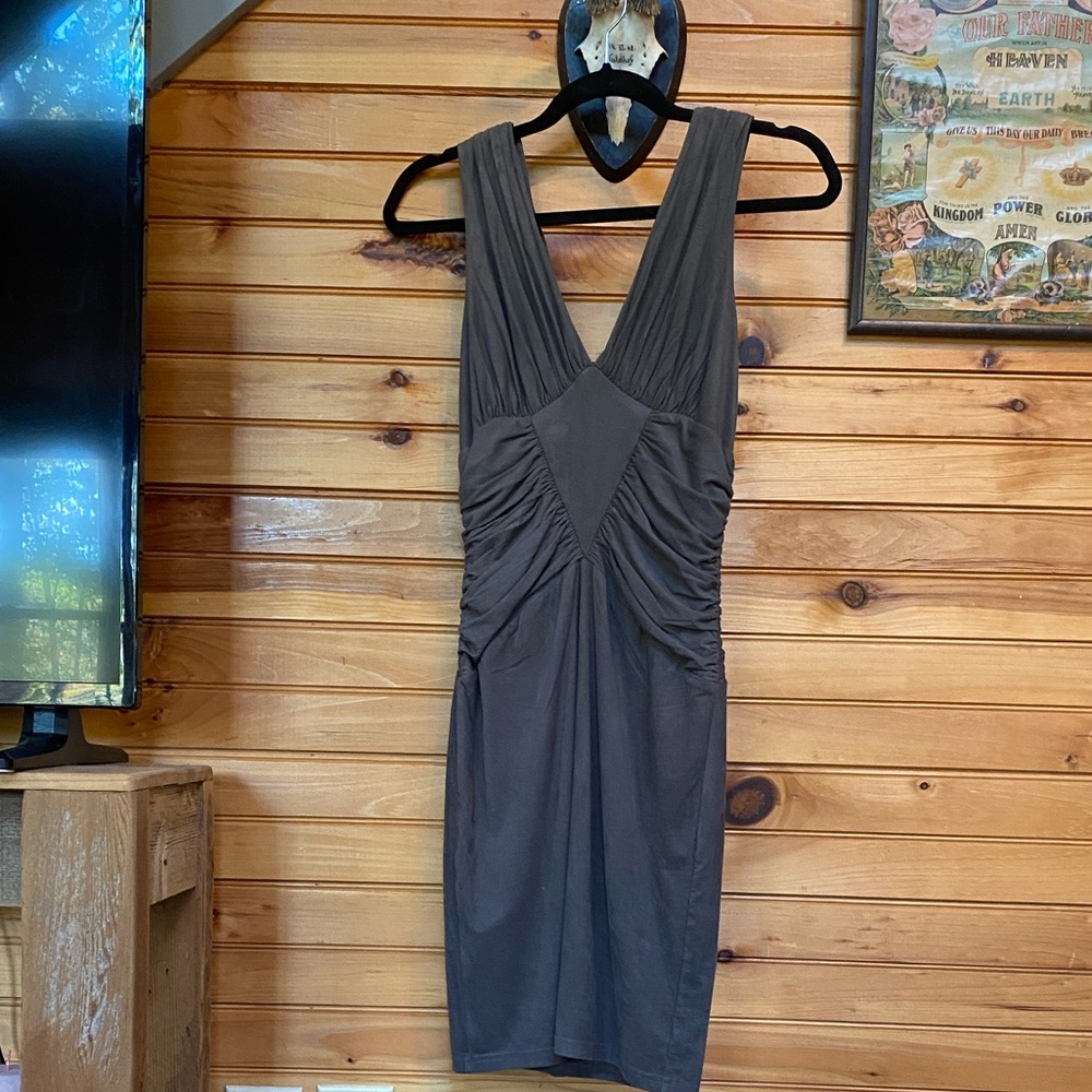 Vintage Bebe suede look and feel body con, ruched, plunge, soft bombshell dress - Picture 2 of 7